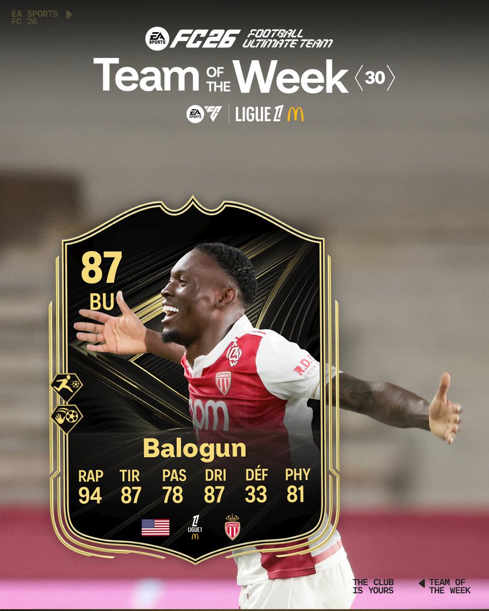 🔥 𝐈𝐥 𝐧𝐞 𝐩𝐨𝐮𝐯𝐚𝐢𝐭 𝐞𝐧 𝐞̂𝐭𝐫𝐞 𝐚𝐮𝐭𝐫𝐞𝐦𝐞𝐧𝐭 🔥

Un lob de génie, un 6e but consécutif en Ligue 1 et une victoire à la clé,...

➡️ 87 OVR pour 𝐅𝐨𝐥𝐚𝐫𝐢𝐧 𝐁𝐚𝐥𝐨𝐠𝐮𝐧 dans #FC26 🏆

#TOTW <a href="/easportsfcfr/">EA SPORTS FC France</a>