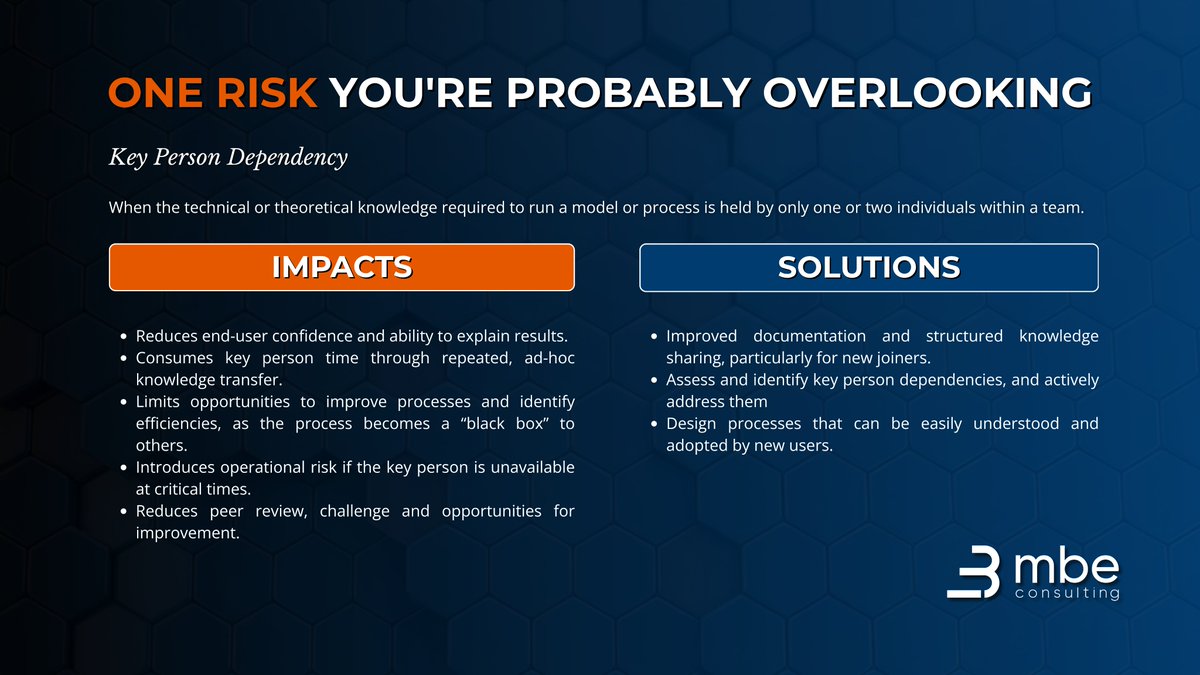 MBE_SA's tweet photo. One of the most overlooked risks in actuarial teams isn’t technical, it’s human. When critical knowledge sits with one or two individuals, it creates bottlenecks, limits collaboration and introduces operational risk. Resilience isn’t built on individuals, it’s built into systems. https://t.co/w0MeXpjoPJ