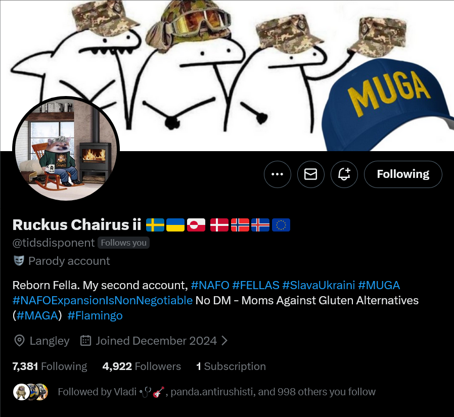 Baguette7th's tweet photo. Fellas, @tidsdisponent is needs only 78 followers to hit 5K. Can we help him?

Thank you 🫡💙💛

#NAFO
#WeAreNAFO
#NAFOExpansionIsNonNegotiable https://t.co/6bbkc8r5sU