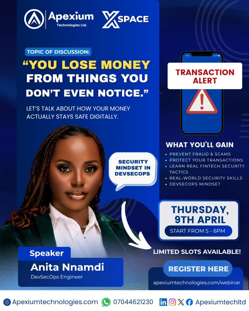 ApexiumTechLtd's tweet photo. Happening Today!

We use digital payments daily… but do you really know how secure they are? 🔐

Join our live session on Cybersecurity in Fintech
📌 How transactions work
📌 Where risks come from

⏰ 5PM | X Space

Register 👇🏽
https://t.co/VjYa1lwTcZ

Don’t miss this. https://t.co/nd0YQmQRnM