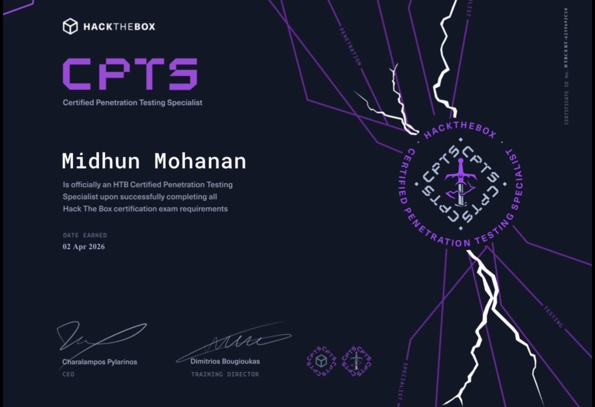 mrgr4yhat's tweet photo. Proud to share that I've earned the HTB CPTS certification from @hackthebox_eu .
First attempt failed due to reporting. Learned, improved, came back stronger.

Months of grind.
Brutally satisfying to get it done 💪

Thank you @hackthebox_eu 💜
 
#HackTheBox #HTB #CPTS https://t.co/86vYthkN7C