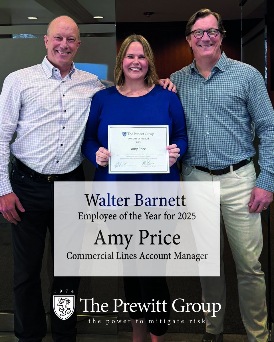 ThePrewittGroup's tweet image. Congratulations to Amy Price on being named the 2025 Walter Barnett Employee of the Year! We proudly recognize her dedication, professionalism, and the care she brings to our clients and team every day. #EOY #ThePrewittGroup