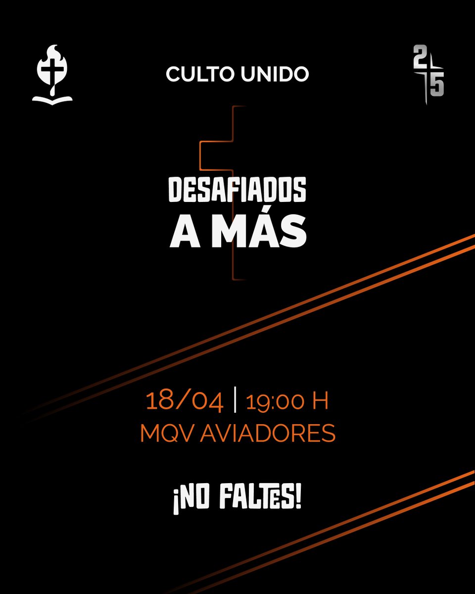 Mqvpy's tweet photo. 🎉🙌 Culto Unido MQV – ¡Una fiesta que no te podés perder! 🙌🎉

Este sábado 18 de abril vuelve uno de los momentos más especiales para nuestra iglesia: el Culto Unido.

Una oportunidad única para reunirnos como congregación, adorar juntos y exaltar el nombre de Jesús en unidad.

📍 MQV Aviadores – Juez Enrique Pinho y Aviadores del Chaco
🕔 Portones abiertos desde las 17:00 h

Vení con toda tu familia, invitá a alguien y preparate para vivir una noche especial en la presencia de Dios.

No faltes. Te esperamos. 🙌✨