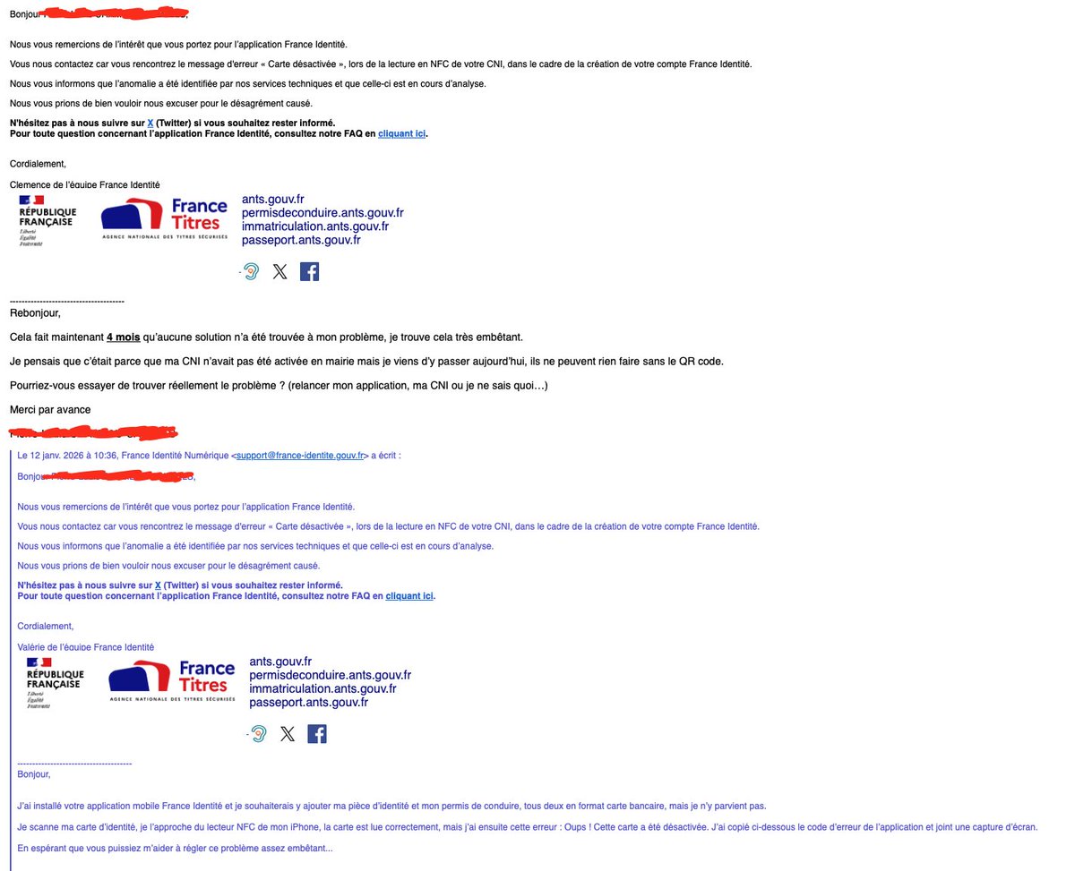 PLCC89794240's tweet photo. @france_identite ça serait sympa d'essayer de répondre réellement à mes demandes de résolution de problème avec votre application iOS qui m'empêche d'activer mon identité numérique... C'est dommage de promouvoir un service qui paraît top mais ne fonctionne pas. https://t.co/HEq8VXPLNj