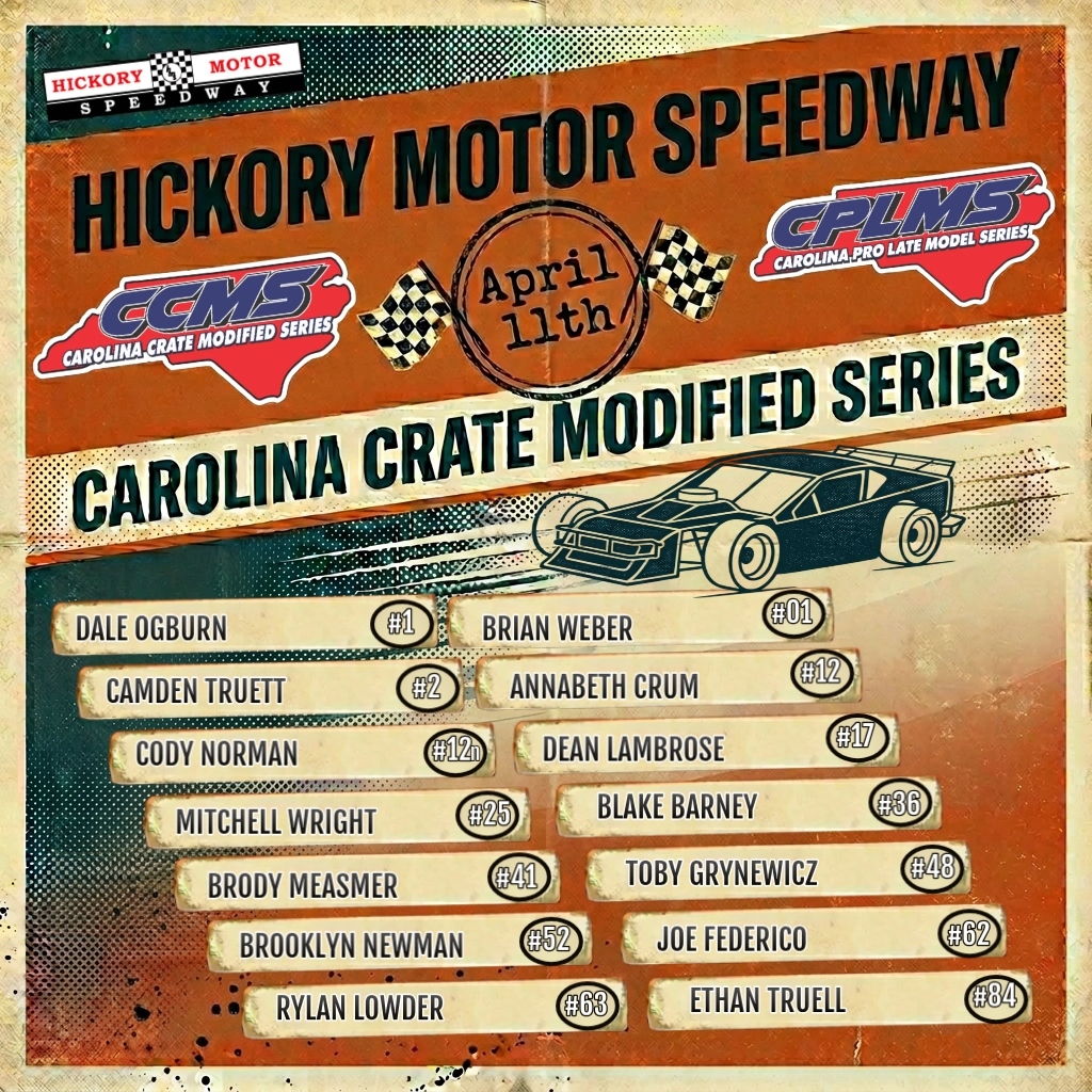 CCMS__CPLMS's tweet photo. Back to Hickory Motor Speedway for Round 4.

14 Crate Modifieds.
10 Pro Late Models.
Last time here, Hudson Canipe got his first CPLMS win… now the target is on his back.

Rylan Lowder comes in hot… can the streak continue? https://t.co/cygIuyGxVj
