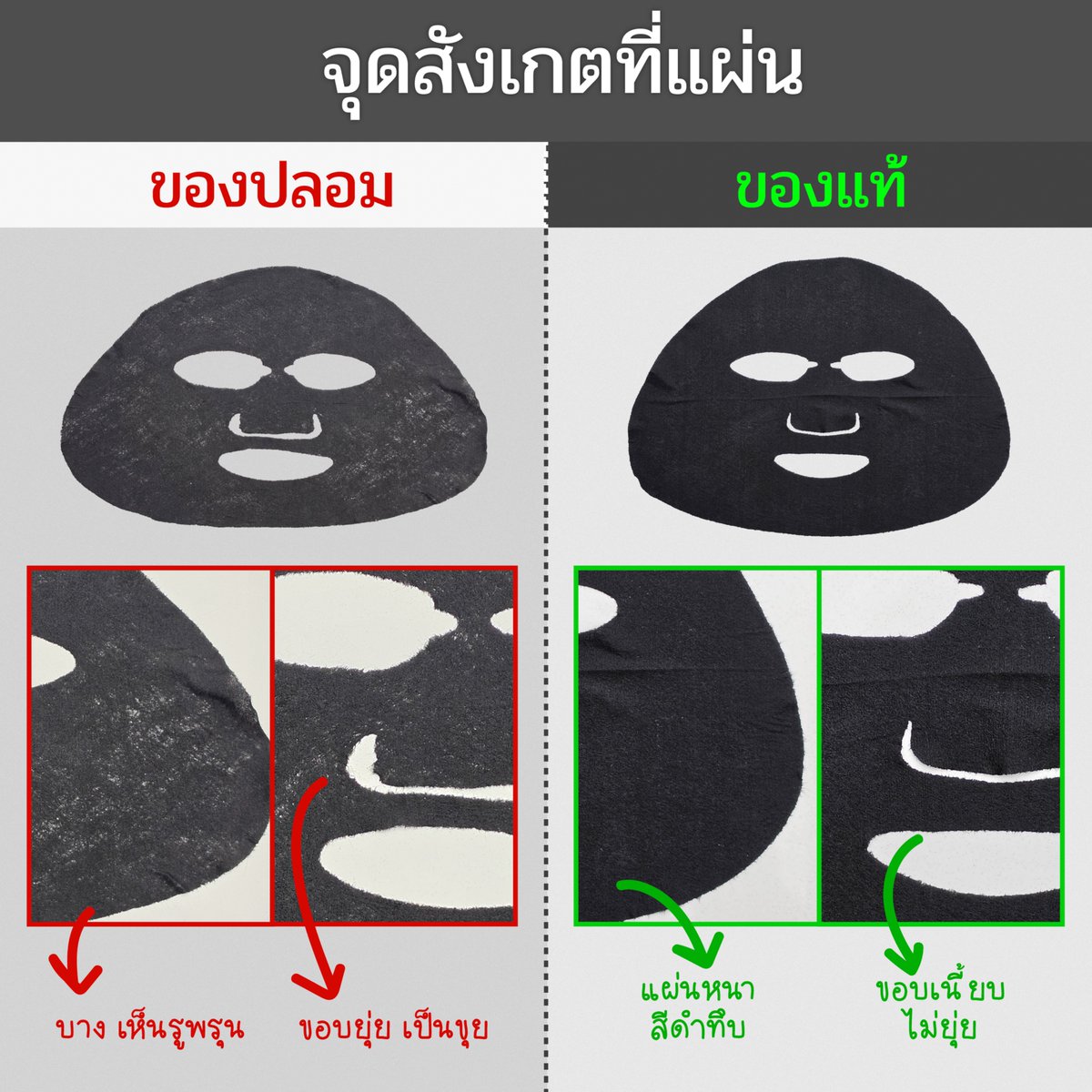 [ จุดสังเกตที่แผ่น ]

ใครเคยใช้ของแท้มาก่อนจะรู้แน่นอนว่ามันไม่ใช่เพราะมันเห็นชัดเจนมาก ของปลอมทำน่าเกลียดเกิน

1. แผ่นบางจนเห็นรูพรุนๆแทบทั้งแผ่น แต่ของแท้จะมีความหนา นุ่ม แผ่นดำทึบไม่มีรู กักเก็บความชุ่มชื้นไว้ได้นาน
2. ขอบยุ่ยมากเหมือนทิชชู่ราคาถูก แต่ของแท้ขอบจะเนี๊ยบ ไม่ยุ่ย
