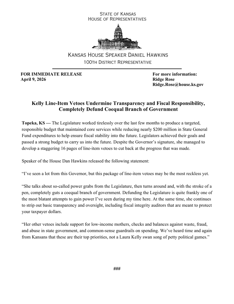 DanHawkinsKS's tweet image. The 16 pages of line-item vetoes announced yesterday are some of the most ridiculous displays of political theater I've seen in my time serving here, including an attempt by the Governor to consolidate power by defunding a coequal branch of government. #ksleg

See my full