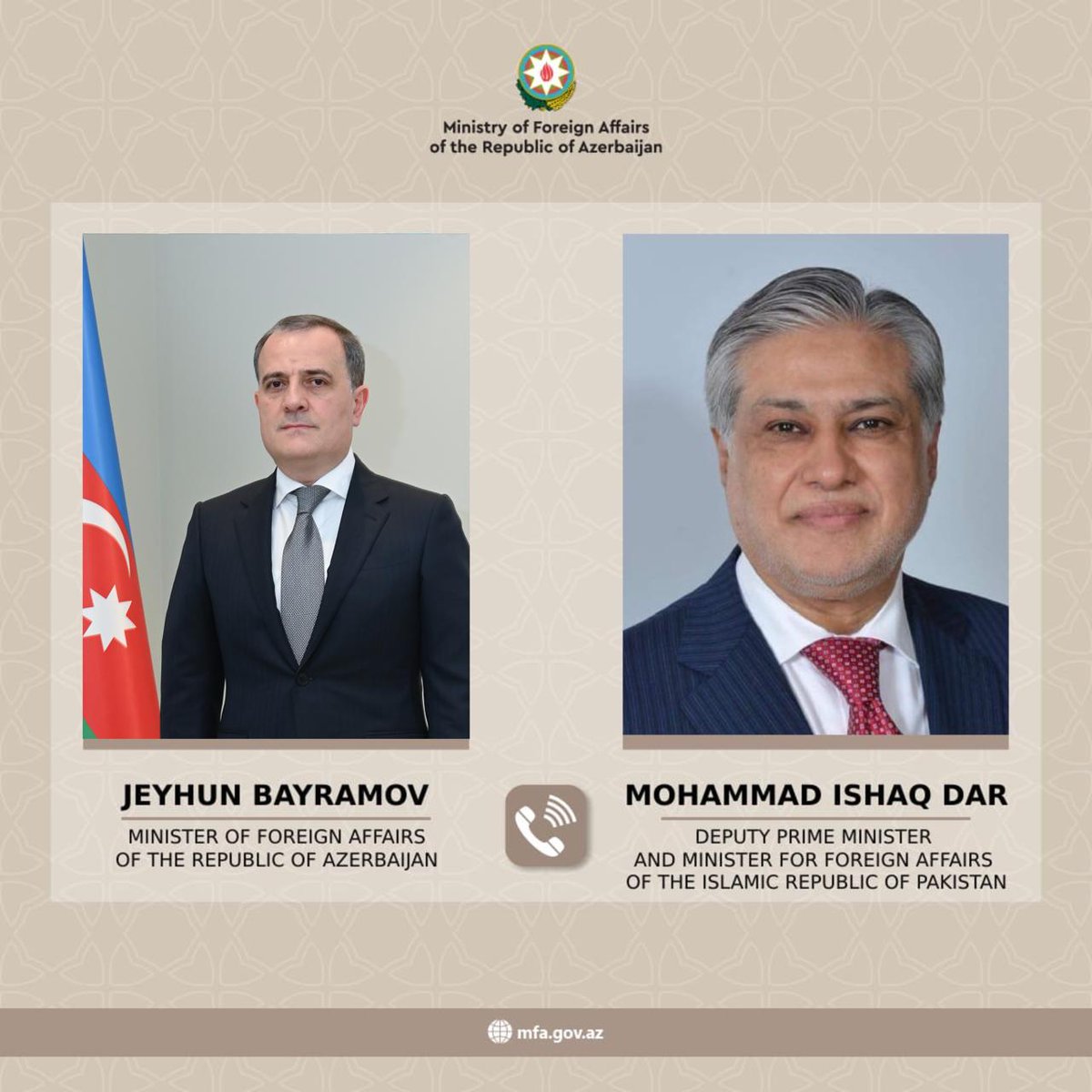 Nazir Ceyhun Bayramovun Pakistan İslam Respublikasının Baş nazirinin müavini, xarici işlər naziri Məhəmməd İshaq Dar ilə telefon danışığına dair mətbuat məlumatı

⬇️⬇️⬇️

mfa.gov.az/az/news/no15026