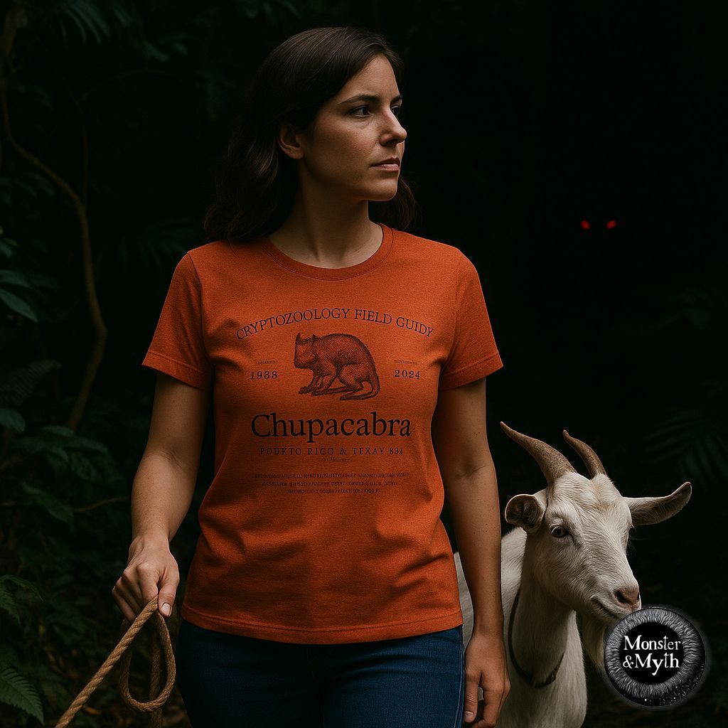 MonsterAndMyth's tweet photo. Cryptids donβt just live in stories β they live in the shadows. The #Chupacabra emerges on our #CryptozoologyFieldGuide tee, inspired by the legends of Puerto Rico & Texas.
π Explore the full cryptid collection: https://t.co/ImnvTMl2w8
#MonsterAndMyth #Chupacabra #ParanormalLore #GoatSucker #Cryptid