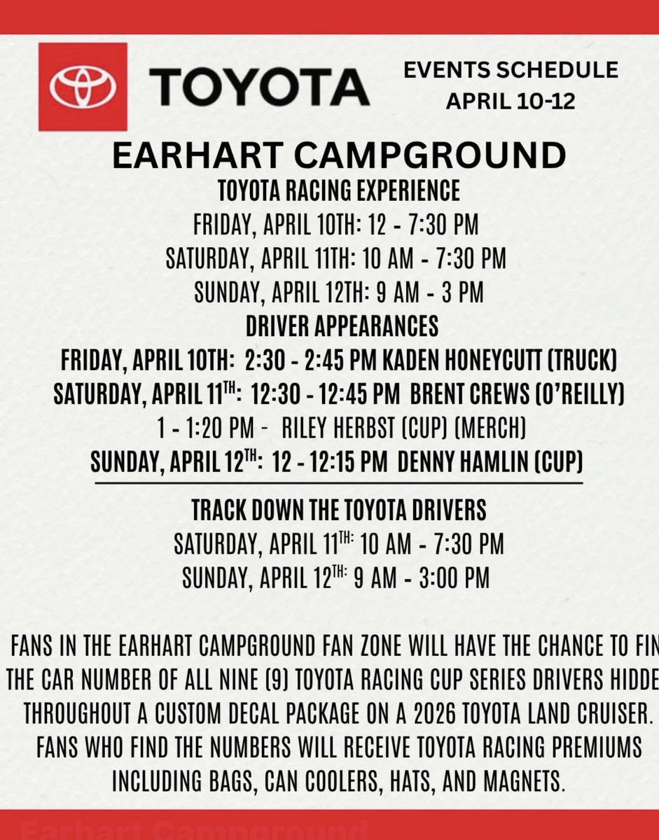 Check it out... here's the Toyota Racing Experience schedule for driver appearances here at Earhart Campground, as well as details on the Track Down the Toyota Drivers challenge!