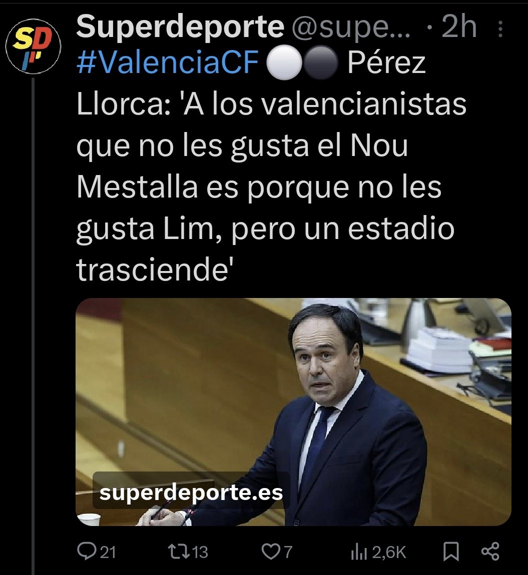 Sr <a href="/JFPerezLlorca/">JuanFran Pérez Llorca</a> quién es ud para hablar en boca del valencianismo y decir tal sandez como la q ha dicho.Ud como buen político también es parte del entramado milonguero q se lleva por delante Mestalla para favorecer un pelotazo urbanístico antológico.Calle y tápese un poquito.🦇