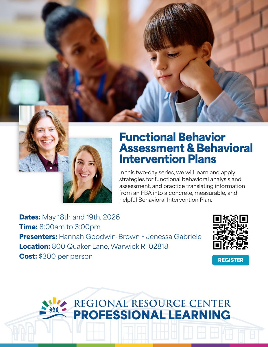 Join us May 18th and 19th where we will learn and apply strategies for functional behavioral analysis and assessment, and practice translating information from an FBA into a concrete, measurable, and helpful Behavioral Intervention Plan.

Register here: forms.gle/UYRfxevVu4aMmV…