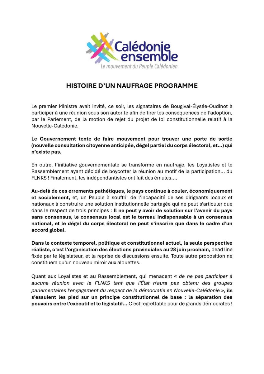 Kanaky_Freedom's tweet photo. 📢 CALÉDONIE ENSEMBLE – “NAUFRAGE PROGRAMMÉ”

Boycott des Loyalistes/Rassemblement. La seule issue réaliste : provinciales au 28 juin.

🔗 https://t.co/V7d3Mn5E2L

Rejoignez-nous la famille : https://t.co/E1c6FocAlJ 🇳🇨 https://t.co/VwOuKKEw2a