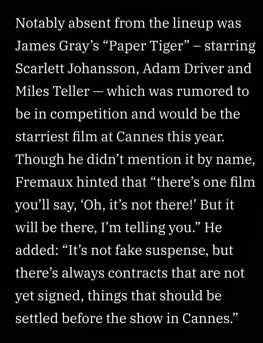 CreativLicense_'s tweet image. James Gray's Paper Tiger doesn't make Cannes initial 2026 lineup.  Festival chief Thierry Fremaux hints he hopes to add it later 👀 #AdamDriver 
variety.com/2026/film/fest…