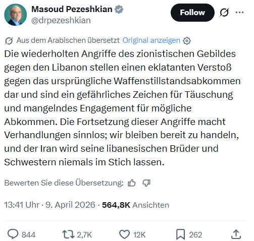 ZentraleV's tweet photo. Laut Irans Präsident wurde das Abkommen [zwischen Iran und USA] verletzt, wodurch Verhandlungen sinnlos geworden sind. Der Iran beharrt weiterhin darauf, dass der Libanon Teil des Waffenstillstands ist. Somit geht der Krieg weiter.
https://t.co/E1NsMeXHUd https://t.co/e5HqGxdUtq