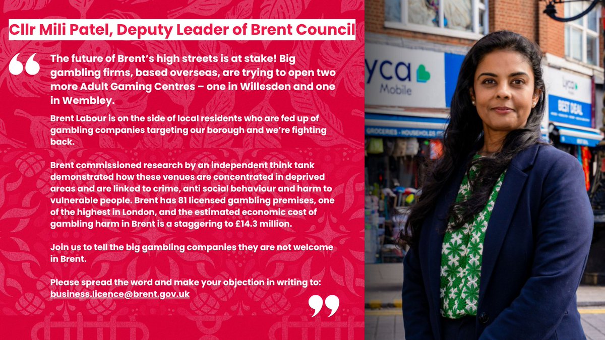 Brent’s high streets should be for local shops, community and everyday life, not more gambling venues. We’re standing with residents against plans for two new Adult Gaming Centres in Willesden and Wembley. Please make your voice heard.