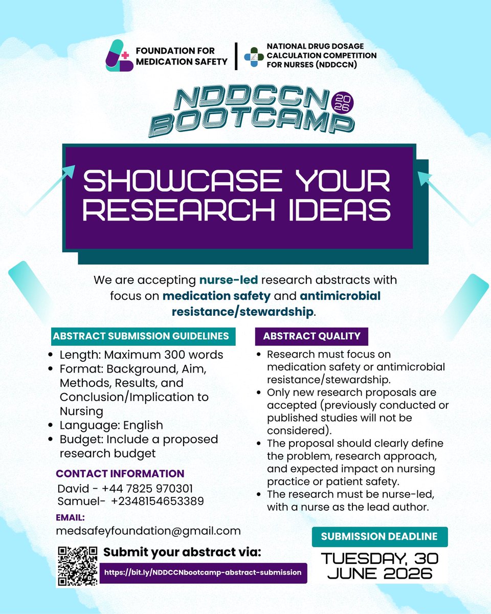Are you a nurse passionate about improving medication safety and tackling antimicrobial resistance? 

This is your opportunity to transform your research idea into impactful practice.

Submit your abstract here:
lnkd.in/extHSNzu

#nursingresearch #research #abstract