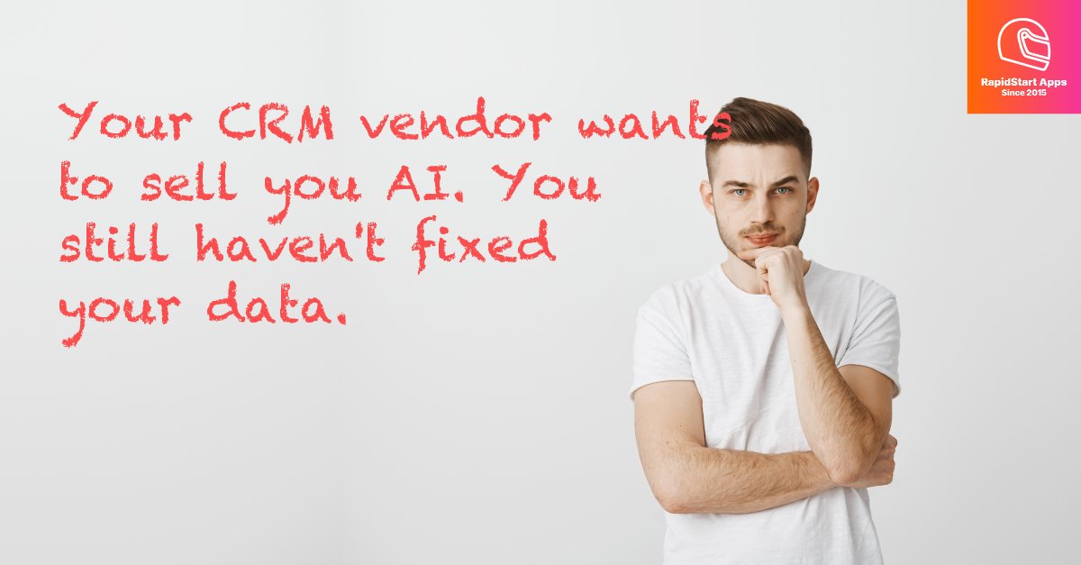 rapidstartapps's tweet photo. Your CRM vendor wants to sell you AI. You still haven't fixed your data. 83% use AI features — failure rates haven't moved. Clean the cockpit before you buy the copilot. #Dynamics365 #CRM https://t.co/rG7cF0PZ35