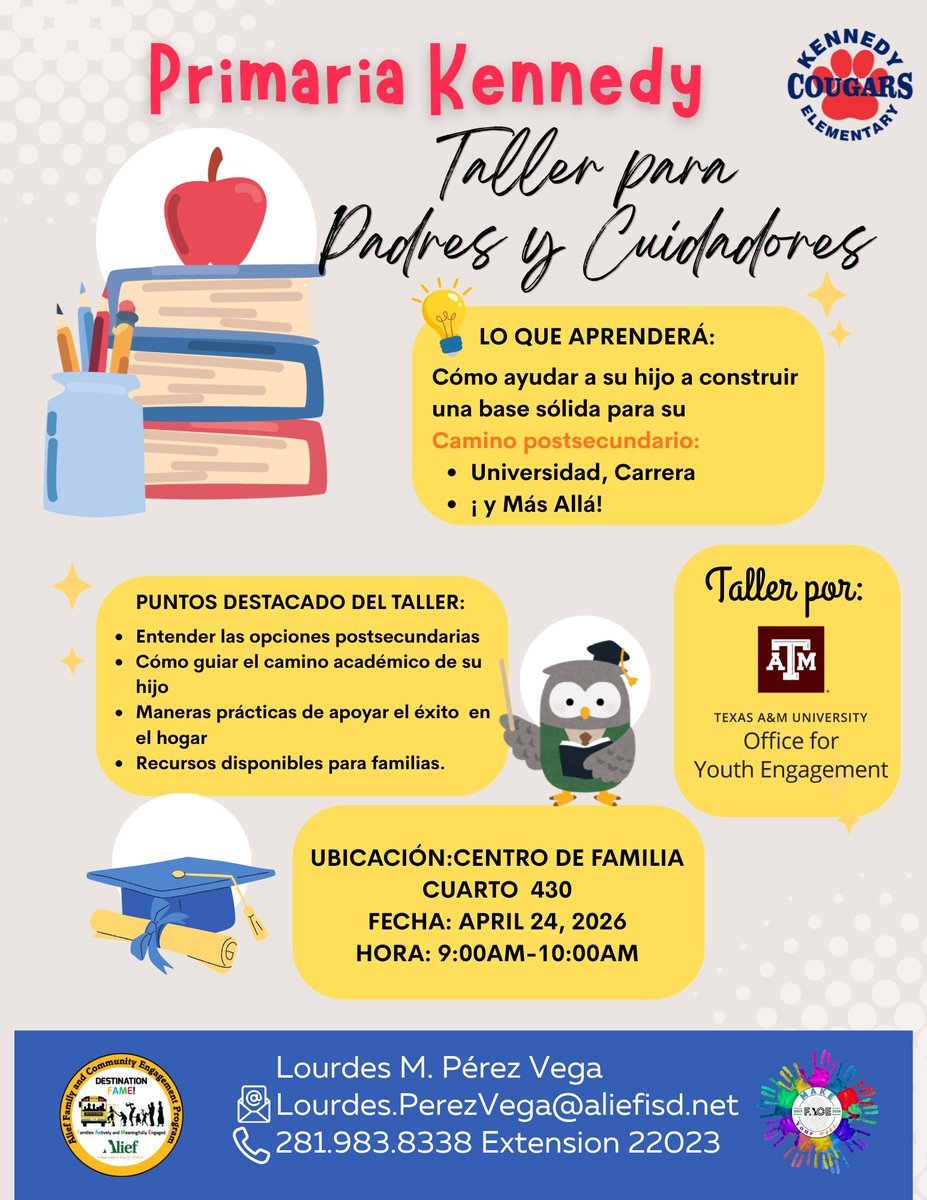 KennedyCougs's tweet image. Hey Kennedy parents — Want tips to support your child’s academic path? Join Texas A&amp;amp;M Office for Youth Engagement on Apr 24, 9–10 AM at our Family Center Room 430. Practical ideas for home + postsecondary options. Who’s coming? #KennedyFamilies #AliefISD @CougsFame #CougarPride