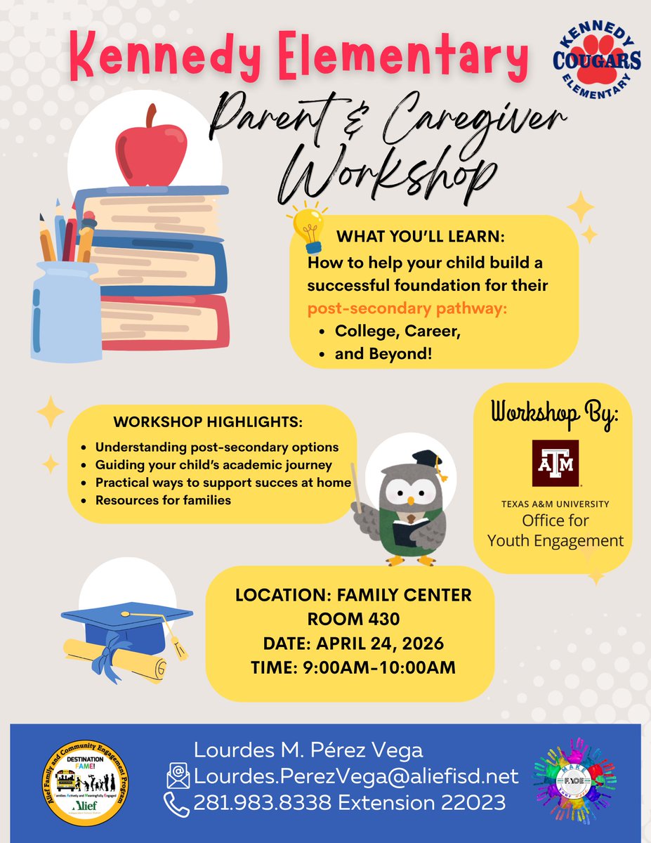KennedyCougs's tweet image. Hey Kennedy parents — Want tips to support your child’s academic path? Join Texas A&amp;amp;M Office for Youth Engagement on Apr 24, 9–10 AM at our Family Center Room 430. Practical ideas for home + postsecondary options. Who’s coming? #KennedyFamilies #AliefISD @CougsFame #CougarPride