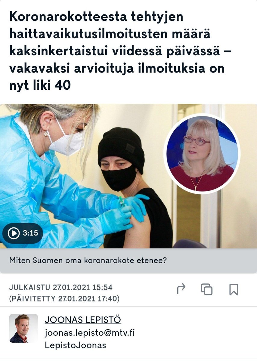 MikaVauhkala's tweet photo. 🚨 MTV uutisoi vakavista haitoista tammikuussa 2021.  Vajaa vuosi myöhemmin oli #koronapassi 

Oikeus terveyteen, vapauteen ja fyysiseen koskemattomuuteen ilman että heivataan arkielämästä ulos? 

"Haittavaikutus arvioidaan vakavaksi, jos se on johtanut kuolemaan, hengenvaaraan, sairaalahoitoon tai sen pidentymiseen, aiheuttanut pysyvän vamman tai alentanut toimintakykyä tai on synnynnäinen epämuodostuma."

https://t.co/H4vRe4yHAm