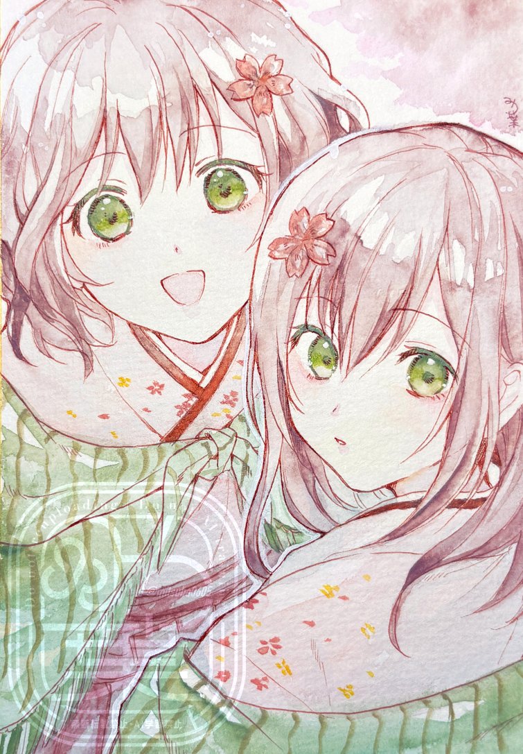 目の休憩がてら息抜きに透明水彩（+α）で描いてた擬人化さんたち🌸