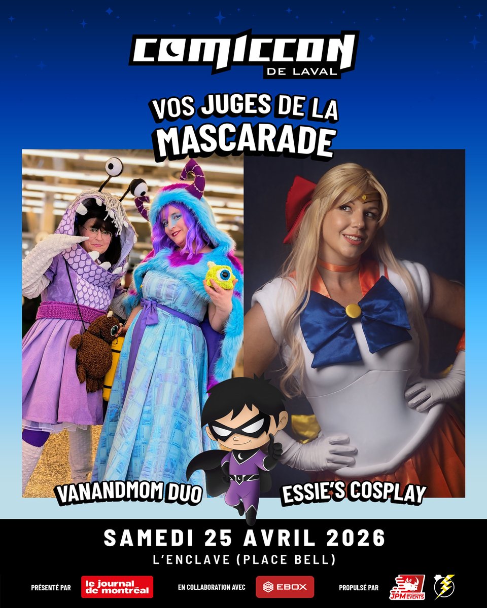 comicconlaval's tweet photo. 🎭Rencontrez vos juges de la mascarade du Comiccon de Laval 2026 → Essie’s Cosplay et Vanandmon! Il reste encore quelques places pour participer, mais faites-vite!

La mascarade se tiendra le samedi 25 avril sur la scène principale.

#lavalcomiccon26 #cosplay https://t.co/AMZpsto4R4