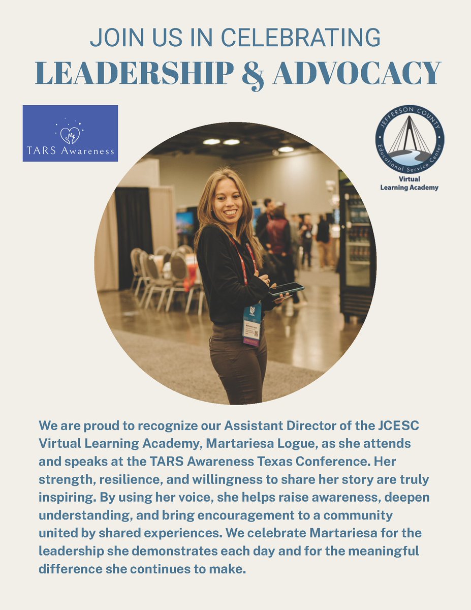 JCESC_VLA's tweet photo. 🌟 Celebrating Leadership &amp; Advocacy 🌟

We are proud to recognize Martariesa Logue, Assistant Director of the JCESC Virtual Learning Academy, as she represents our community at the TARS Awareness Texas Conference.

#jcesc #vla #virtuallearningacademy #TARSAwareness https://t.co/FLsMVs1YKg