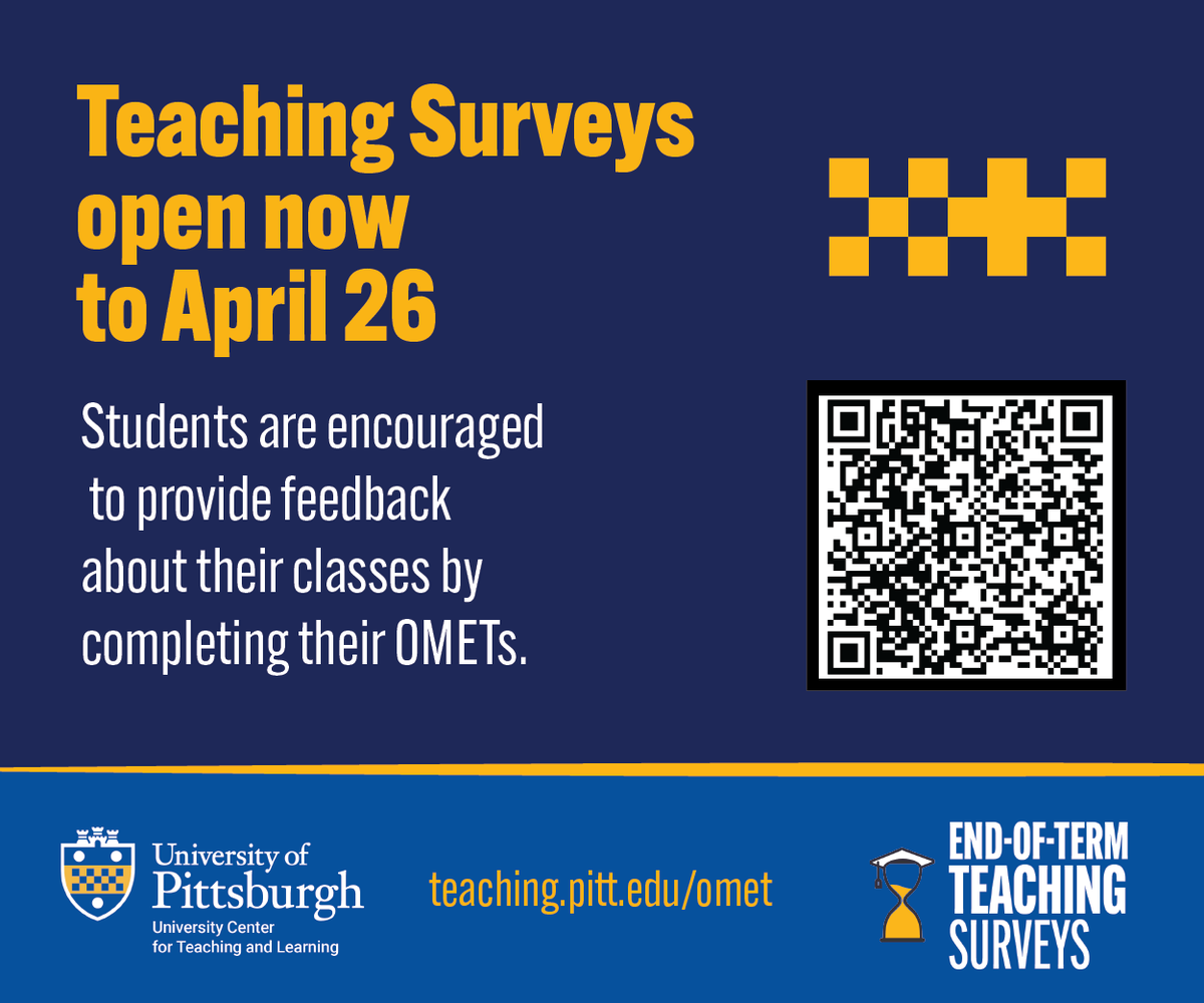 PittTeaching's tweet photo. OMETs start this week!

Faculty: Encourage students to complete their surveys NOW! Research shows that when teachers ask students to provide feedback and explain how it’s used, students will be more likely to complete the survey.

Learn more: https://t.co/7MfIEGtEKn https://t.co/b3TMjxmRv2