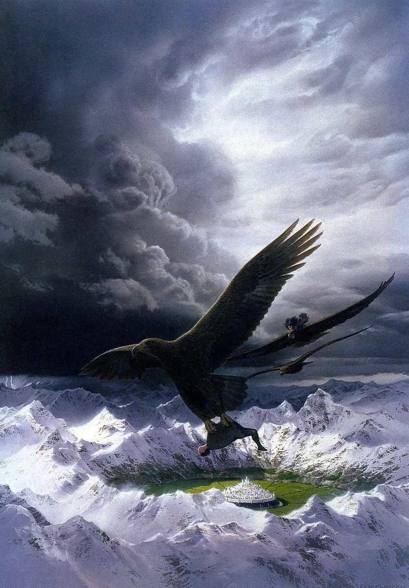 LRonLacy's tweet image. For #APRIL 2000
‘Beren and Lúthien are Flown to Safety’
#TedNasmith (b. 1956). Gouache on illustration board. 1998.
*Tolkien Calendar 2000* (HarperCollins) for April
#JRRTolkien, #Silmarillion (Ch. XIX, "Of #Beren and #Lúthien")
#illustrationart #illustrationartists #Gondolin