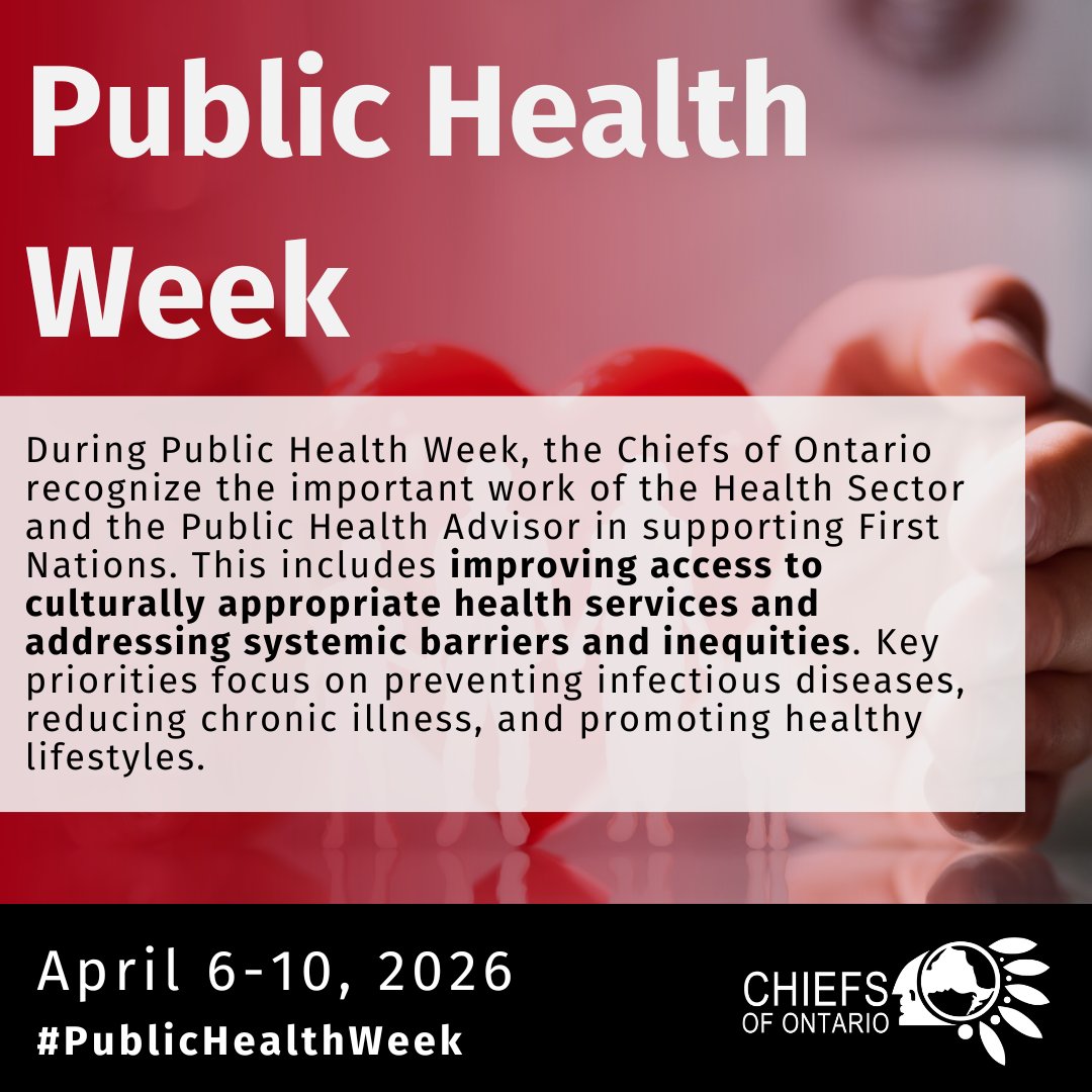 ChiefsofOntario's tweet image. During Public Health Week, the Chiefs of Ontario recognize the work of the Health Sector and the Public Health Advisor in supporting First Nations.
Key priorities focus on preventing infectious diseases, reducing chronic illness, and promoting healthy lifestyles. #FirstNations