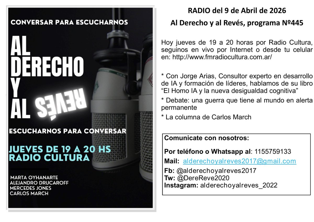#radio HOY TE ESPERAMOS EN #AlDerechoYAlRevés DE 19 A 20 HORAS POR RADIO CULTURA @Cultura979 y en fmradiocultura.com.ar CON UN PROGRAMON!!! #MartaOyhanarte , <a href="/alejandrodruc/">Alejandro Drucaroff</a>
@merjones14 #CarlosMarch y <a href="/mrcelodejesus/">MARCELO DE JESUS</a>
Vamosss!!!