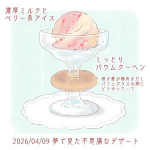nibi_kon's tweet photo. #夢
高級そうなレストランに入店
誰かが食べないからと不思議なデザートを譲られる
溶けかけたアイスを舐め、グラスの脚のバウムクーヘンをフォークでつつきながら「これを作っている工程を直に見てみたいものだ」としみじみ思う https://t.co/f8K6l7njej