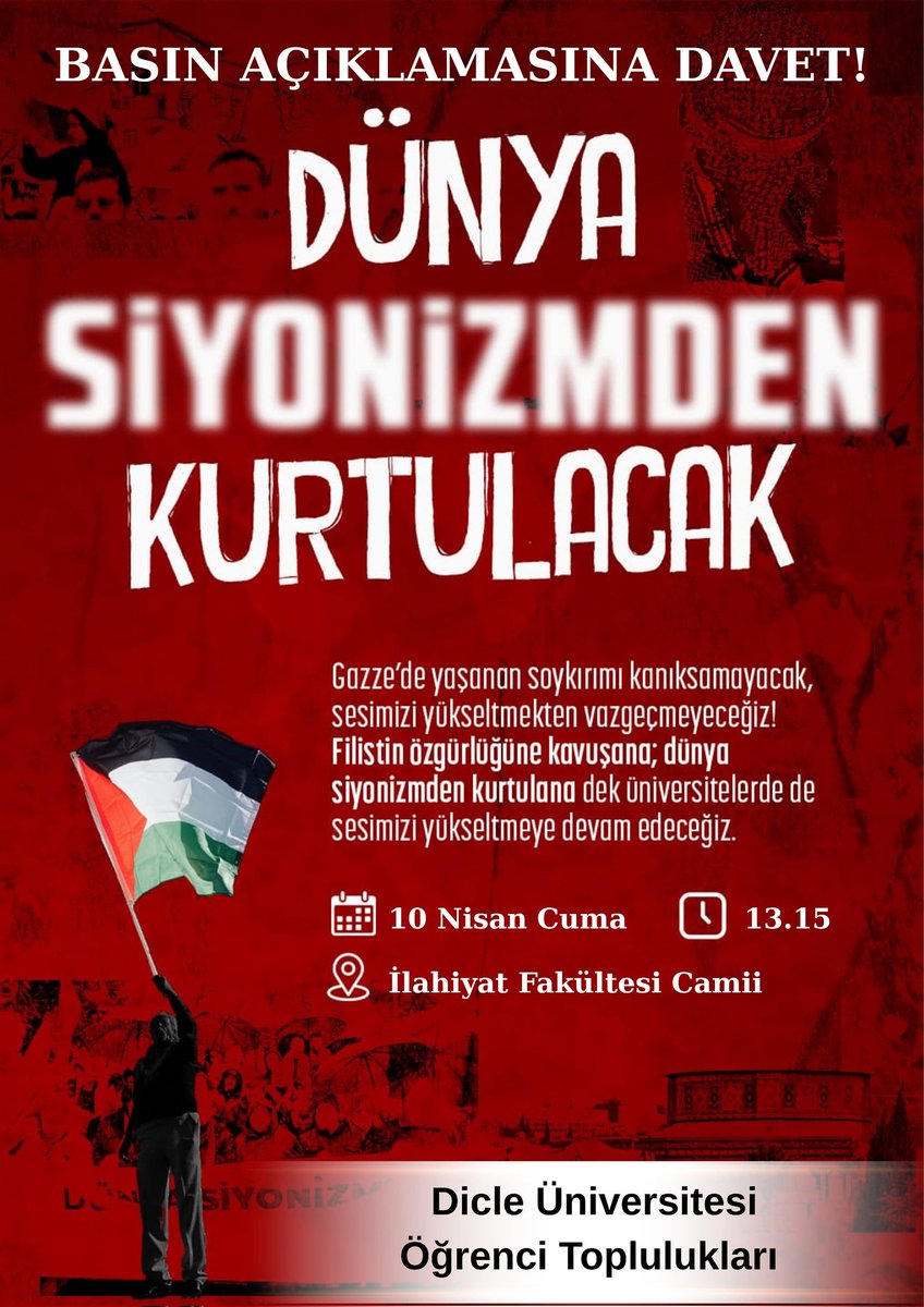 Filistinli Esirler İçin Özgürlük, Sumud Filosuna Destek Basın Açıklaması.
📍 İlahiyat Fakültesi Camii
📅10 Nisan Cuma
🕒Cuma Namazı Sonrası