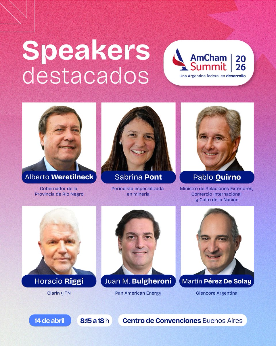 AmChamArgentina's tweet photo. Ya llega el #AmChamSummit 🔜

Un espacio de debate entre el sector público y privado para abordar el desarrollo, la inversión y la generación de oportunidades en Argentina.

🎫 Tickets y agenda: https://t.co/FNXQBhFZxI

@Weretilneck, @Sabrinapont, @pabloquirno, @HoracioRiggi https://t.co/HRmifAqPkM