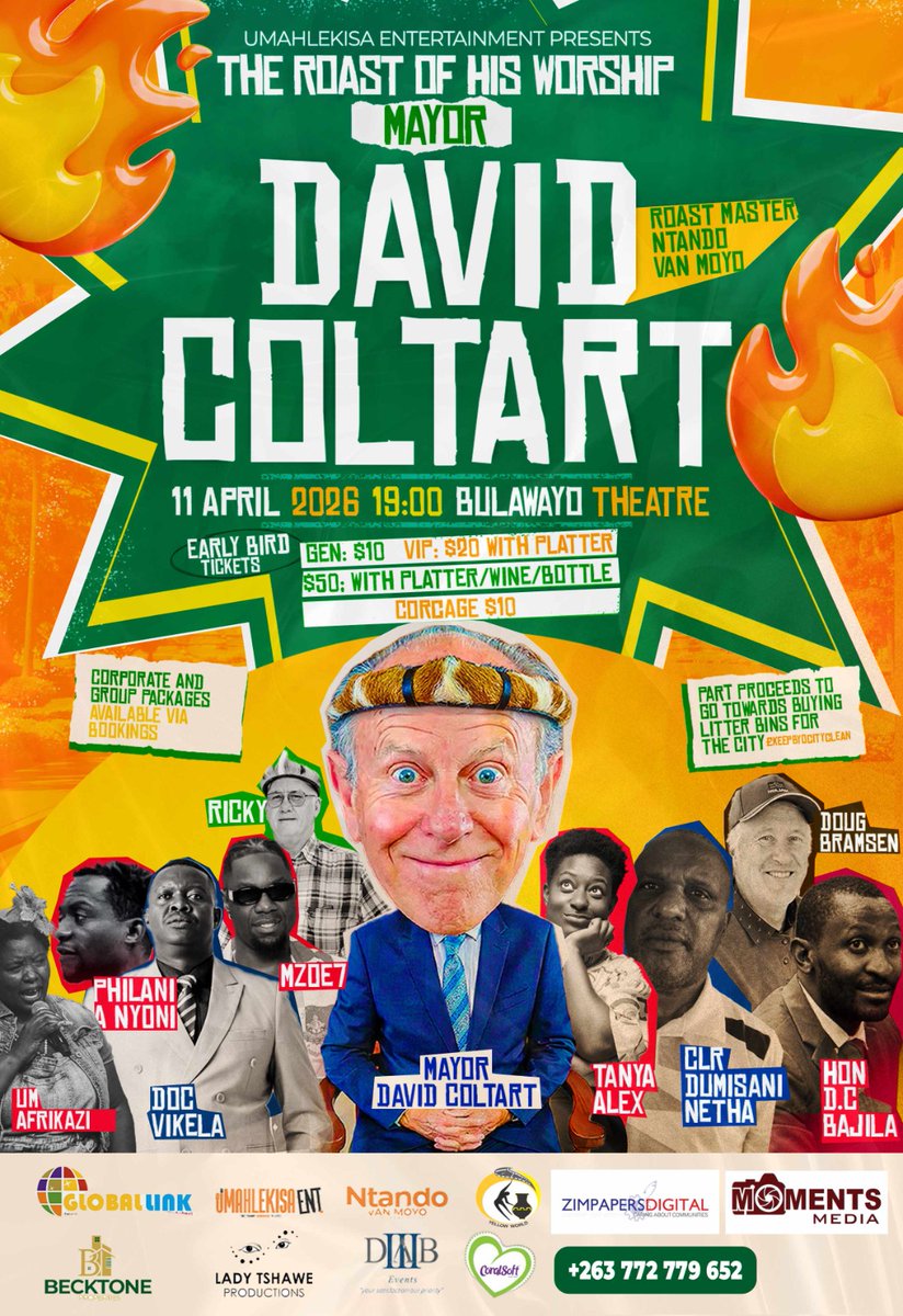 TheBMetro's tweet photo. It’s official — the roast is going LIVE! 🔥

Zimpapers, through Chronicle, Sunday News, B Metro and Umthunywa, will be streaming the much-anticipated roast of @DavidColtart LIVE on Facebook and YouTube.

📅 April 11
📍 Bulawayo
@Umahlekisacom @ntandoyenkosi @LadyTshawe https://t.co/AzygC3MJzC