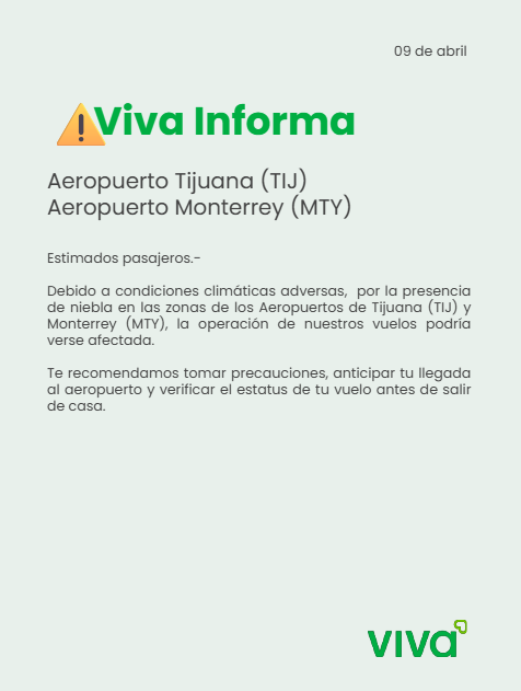 VivaTeEscucha's tweet photo. #VivaInforma #AvisoImportante #Aeropuerto #Tijuana #Monterrey #TIJ #MTY 🌫️

Entérate del estatus de tu vuelo dando clic aquí: https://t.co/T32cmw2UwP

Consulta información relacionada desde el siguiente enlace: https://t.co/GOvui8mkiY https://t.co/Fd1BMa6FSz