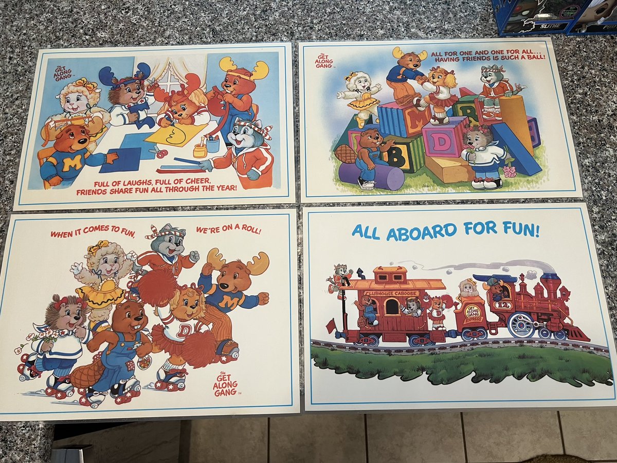 Toyhuntersholl2's tweet photo. Get Along Gang 80s Placemats join our art collection! These are in great shape, and the colors still pop and I love that they all have a sticker to join the Get Along Gang Club (last pic).
#getalonggang #placemat #laminate #80scartoons #art https://t.co/sBKDeijJOd