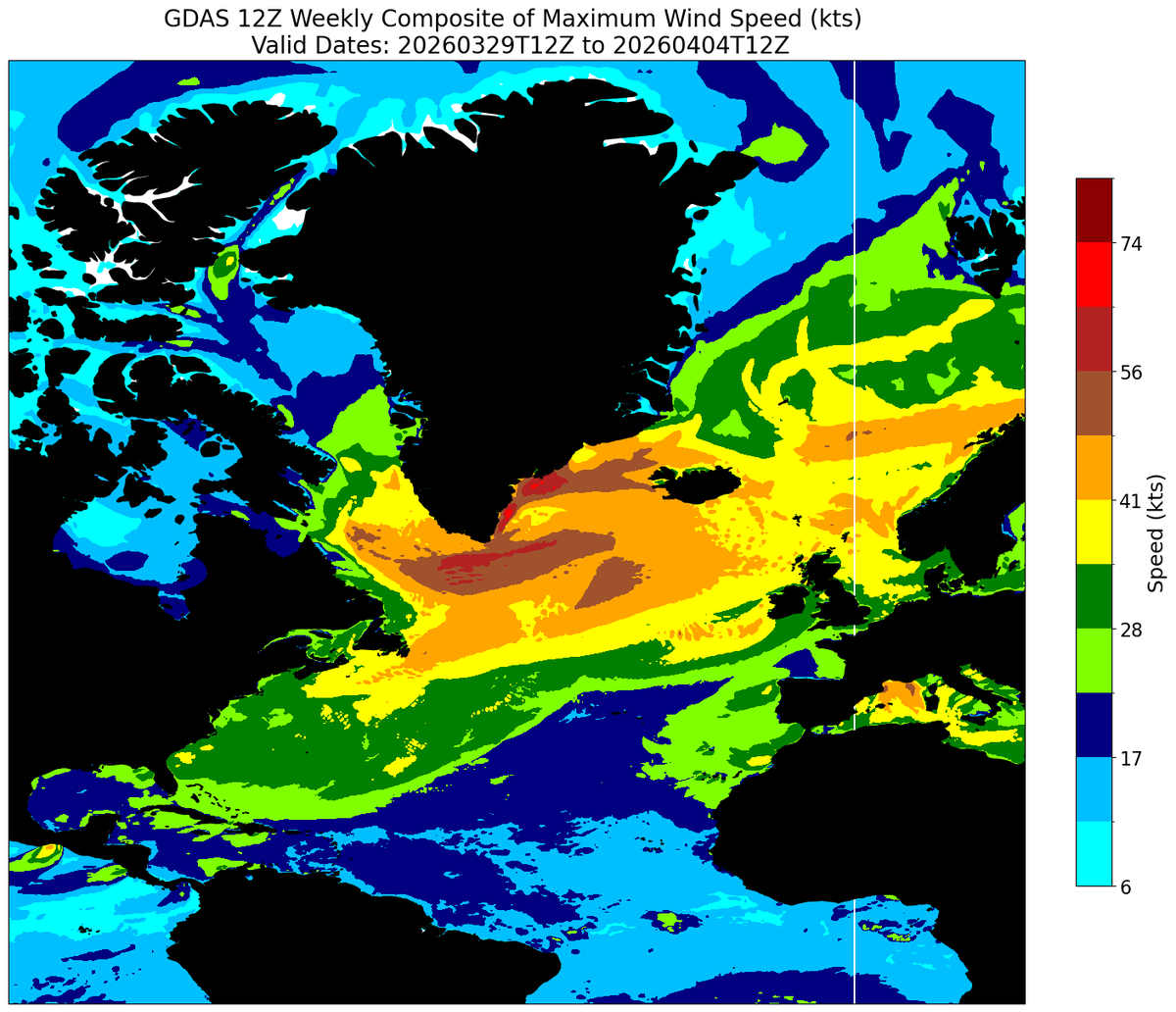 NWSOPC's tweet photo. How did the experimental week-2 probabilistic outlook for the N Atlantic compare to the GDAS weekly composite March 28-April 4 time frame? (https://t.co/su5PjC9efb) Pretty impressive!! Compare locations of hurricane-force winds in each image along the Greenland coast. #MarineWx https://t.co/XCLZYvfUTw