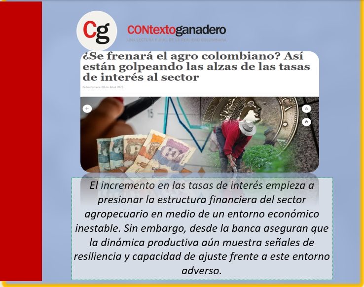 ProyectoIbague's tweet photo. La reciente decisión del Banco de la República de elevar las tasas de interés vuelve a encender las alertas en el sector agropecuario, especialmente por su impacto en el acceso al crédito y la rentabilidad de los productos.
@fedegan ⁦@GarzonLocal⁩ https://t.co/IMBr3Q690h