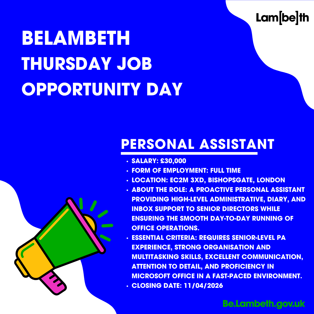 belambeth's tweet image. 🚨 Thursday Job Opportunity 🚨

Become a Personal Assistant in London!

£30,000 | Full-time

Support senior leaders and keep operations running smoothly.

👉 Apply: be.lambeth.gov.uk/for-residents/…

#LondonJobs #PAJobs #JobOpportunity #BeLambeth #Lambeth