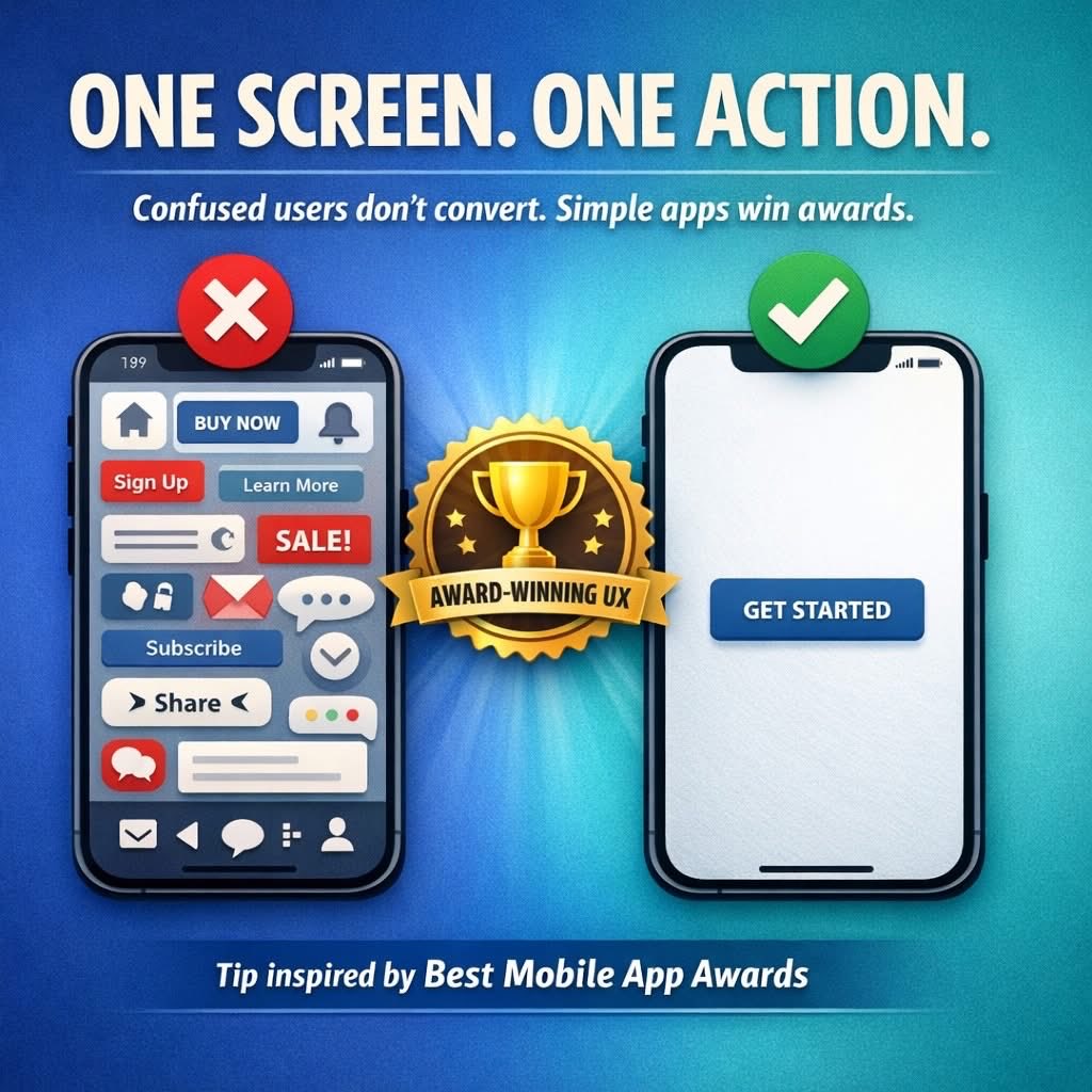BestAppAwards's tweet image. 🚀 Want your app to stand out in a crowded market?

Take it from the Best Mobile App Awards: 👉 Focus on ONE core action per screen.

Users don’t want confusion, they want clarity, speed, and simplicity.

#AppDevelopment #MobileApps #UXDesign #AppGrowth #StartupTips #Tech