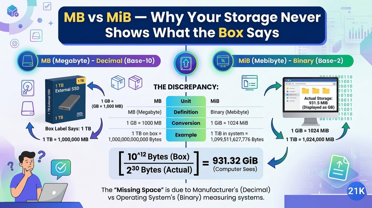 21ktools's tweet photo. MB vs MiB — Why Your Storage Never Shows What the Box Says

Read More 👇: https://t.co/oJZEW2hr5d https://t.co/WsIlPbNS1m
