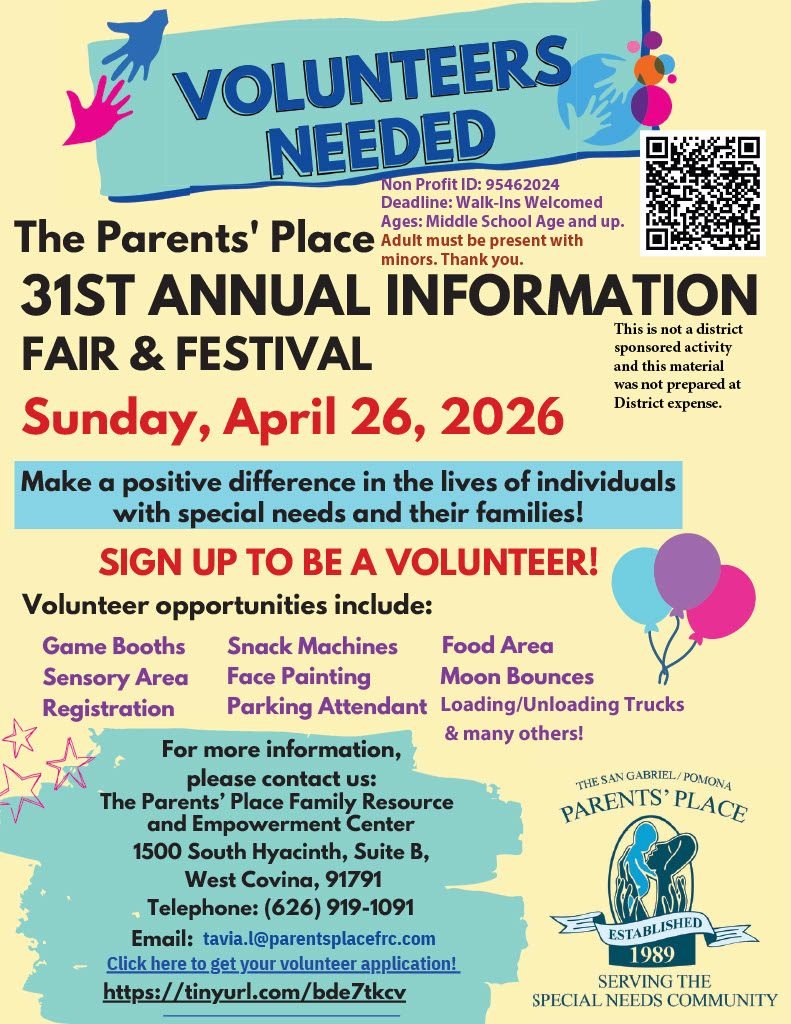 ESGVCAC14's tweet photo. Volunteers needed! 🙌

Support the 31st Annual Information Fair & Festival by helping with:
🚚 Loading/unloading
📝 Registration
🔄 Floaters
📅 April 26
💙 Make a difference for individuals with special needs & families

Sign up: https://t.co/p9X0tEGQao
Walk-ins welcome! #Volunteer