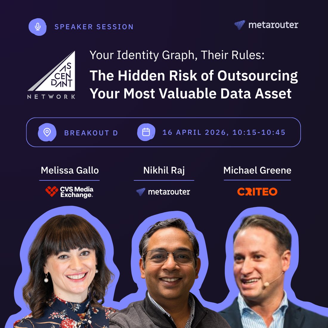 MetaRouter's tweet photo. Next week, our CEO Nikhil Raj joins two top leaders from across the ecosystem to unpack one of the most important (and often overlooked) shifts in retail media: the risk of outsourcing your most valuable data asset.

👉  https://t.co/ExUdo6yezN

#RetailMedia #IdentityResolution https://t.co/EnnpdrV7Ui