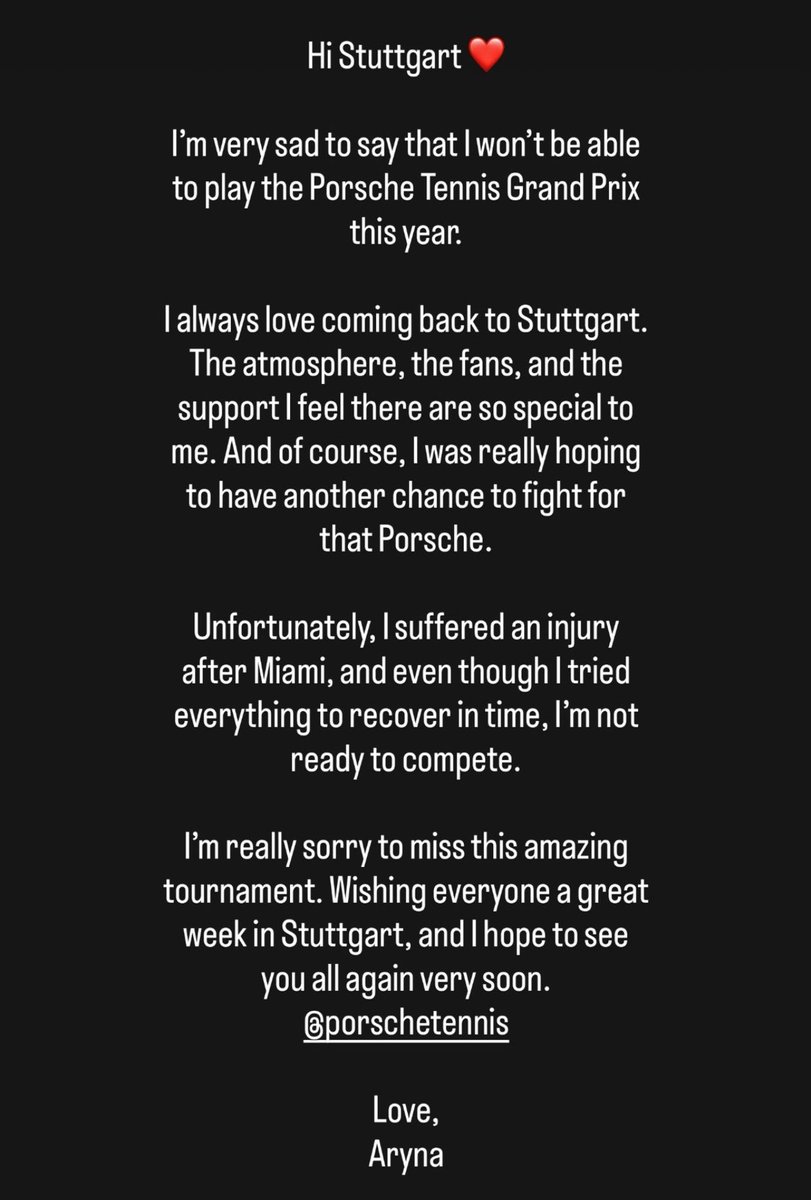 jmgmoron's tweet photo. ÚLTIMA HORA 🚨 

Aryna Sabalenka se baja del torneo de Stuttgart al no recuperarse de una lesión sufrida en Miami.

Irá con todo a Madrid, Roma y Roland Garros. https://t.co/QVe5JcyjdU