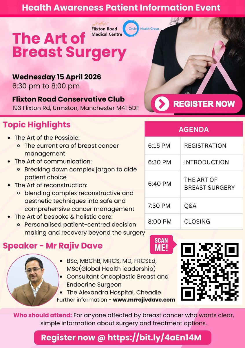 TraffordWestPCN's tweet photo. 💞 The Art of Breast Surgery Event 
🗓️ Wednesday 15th April 
⏰ 6:30pm-8:00pm
📍Flixton Road Conservative Club 

This event is for anyone affected by breast cancer who wants clear, simple information about surgery and treatment options 💗🎗️

Register now: https://t.co/3nsFWE4fxW https://t.co/LLn3HfJPVV