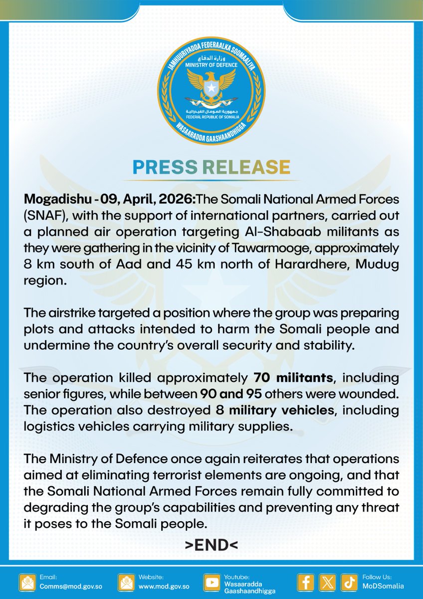 BREAKING: A precision SNAF airstrike, supported by international partners, has neutralized approximately 70 Khawaarij militants and wounded up to 95 others near Harardhere in the Mudug region. The operation destroyed 8 military and logistics vehicles, dismantling a major
