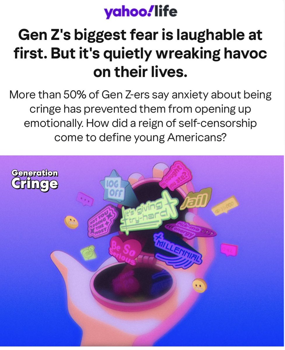 kelsaywhat's tweet photo. "Cringe" has evolved from a feeling of embarrassment to a tyrannical social code.
After a Yahoo/YouGov yielded some harrowing data about how much the ~fear of cringe~ has pervaded the lives of Gen Z-ers, I spent weeks doing interviews to understand how it happened + what's next. https://t.co/nHc3nNgqSw