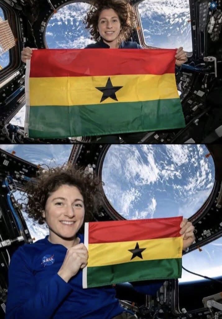 tv3_ghana's tweet photo. NASA Astronaut Christina Koch, who just completed a historic mission around the Moon, hoisted the Ghanaian flag inside the crew spacecraft in outer space in one of her previous missions.   

She studied Astrophysics on an Exchange Program at the University of Ghana in 1999.  

#3NewsGH #TV3GH
